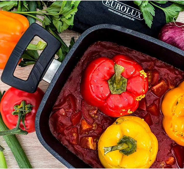 Eurolux Universal-Guss-Bräter Set mit Glas-Deckel 33 x 22 cm - kleiner hoher ofenfester Multibräter