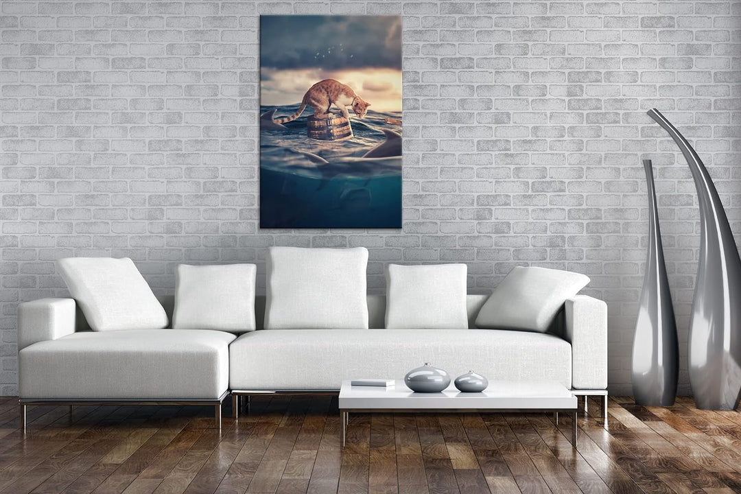 deyoli Katze im Hai verseuchten Gewässer Format: 120x80 als Leinwandbild, Motiv fertig gerahmt auf E