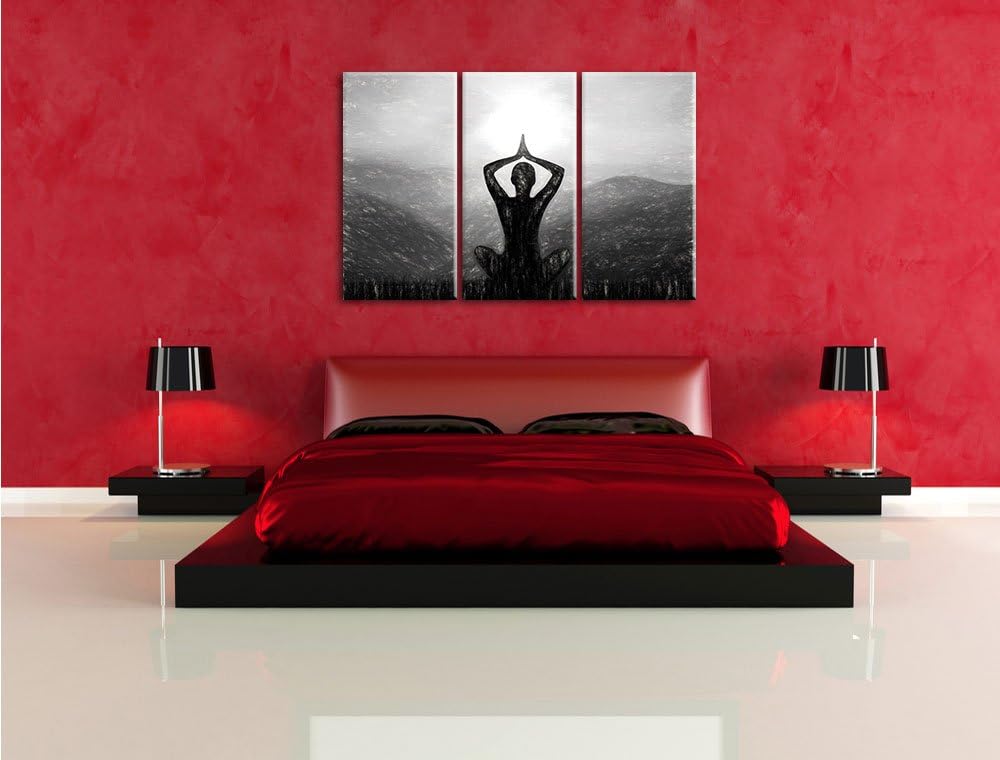 Pixxprint Yoga und Meditation in den Bergen Kunst Kohle Effekt 3-Teiler Leinwandbild 120x80 Bild auf