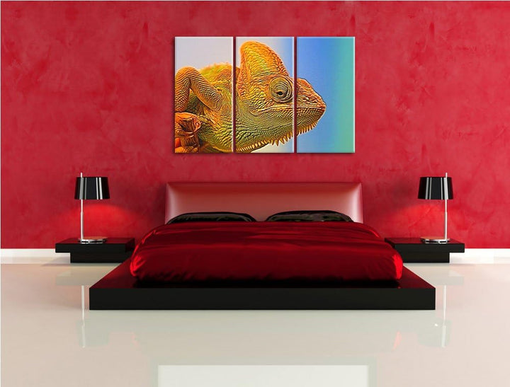 gelbes Chamäleon NewArt 3-Teiler Leinwandbild 120x80 Bild auf Leinwand, XXL riesige Bilder fertig ge