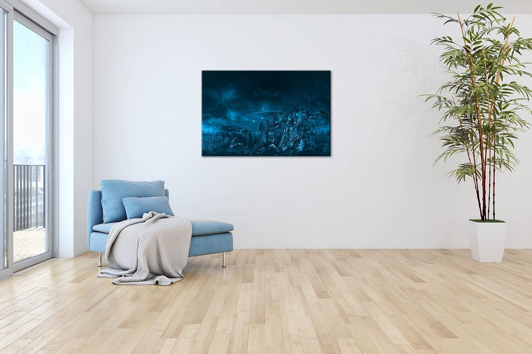 deyoli UFO auf einem fremden Planeten Format 80x60 Effekt: Monocrome Blau als Leinwandbild, Motiv fe