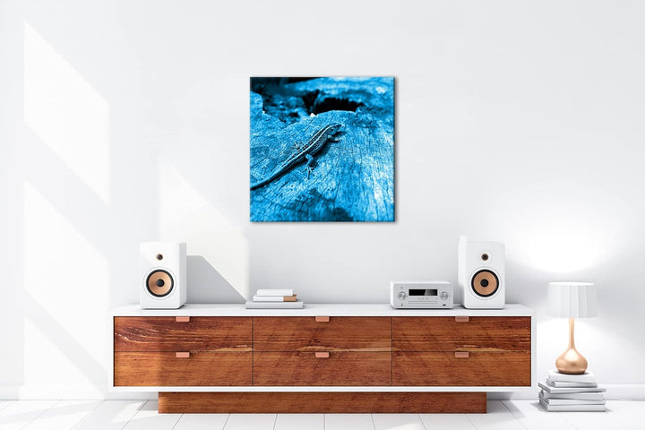 deyoli winzige Eidechse auf einem Baumstamm Format: 70x70 Effekt: Monocrome Blau als Leinwandbild, M