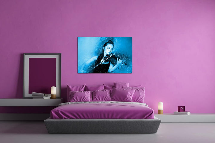 deyoli schöne Frau spielt Geige Format 80x60 Effekt: Monocrome Blau als Leinwandbild, Motiv fertig g