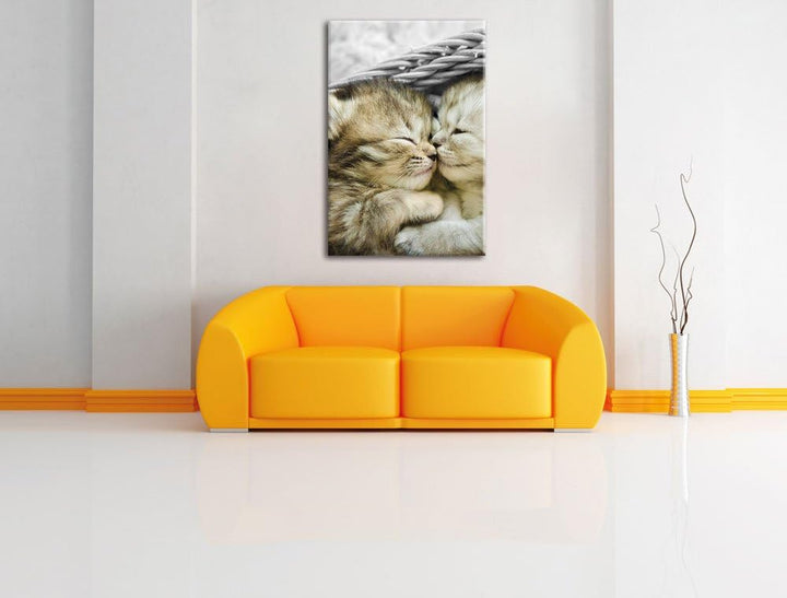 Pixxprint Zwei süsse Babykatzen im Korb als Leinwandbild/Grösse: 100x70 cm/Wandbild/Kunstdruck/ferti