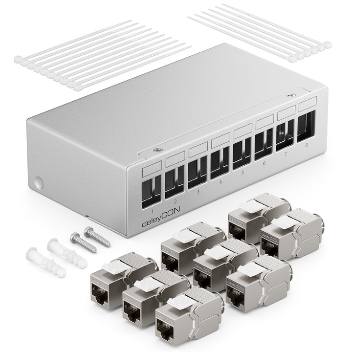 deleyCON 8 Port Patchpanel Set Patchfeld Verteilerfeld 1 HE + 8x RJ45 Keystone Jack Modul STP CAT6a