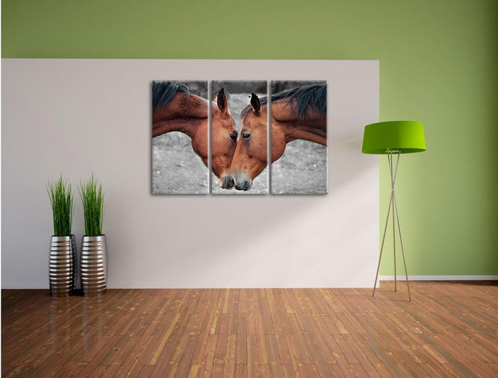 Pixxprint Zwei schmusende Pferde als Leinwandbild/Grösse: 3 Teilig (120x80) cm/Wandbild/Kunstdruck/f