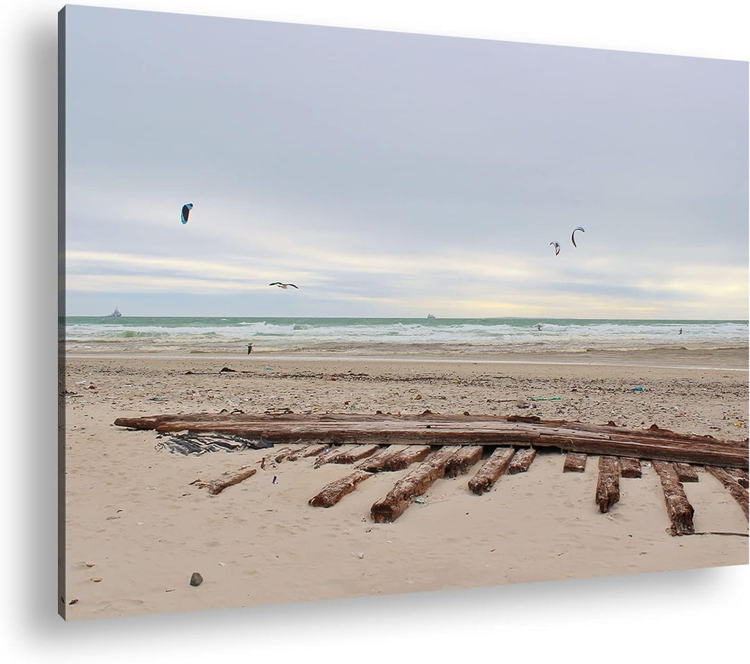 deyoli Sandstrand mit Möwen im Format: 80x60 als Leinwandbild, Motiv fertig gerahmt auf Echtholzrahm
