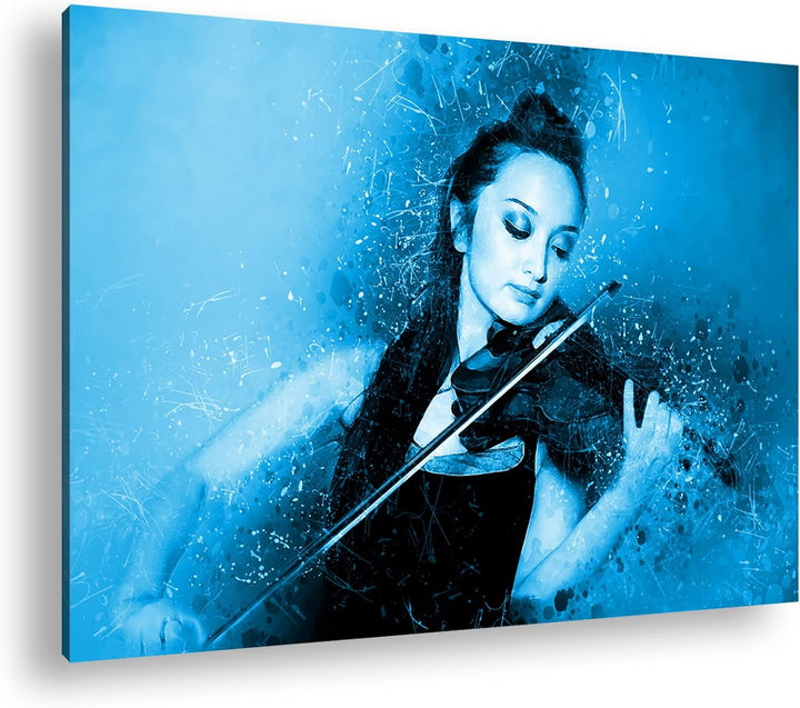 deyoli schöne Frau spielt Geige Format 80x60 Effekt: Monocrome Blau als Leinwandbild, Motiv fertig g