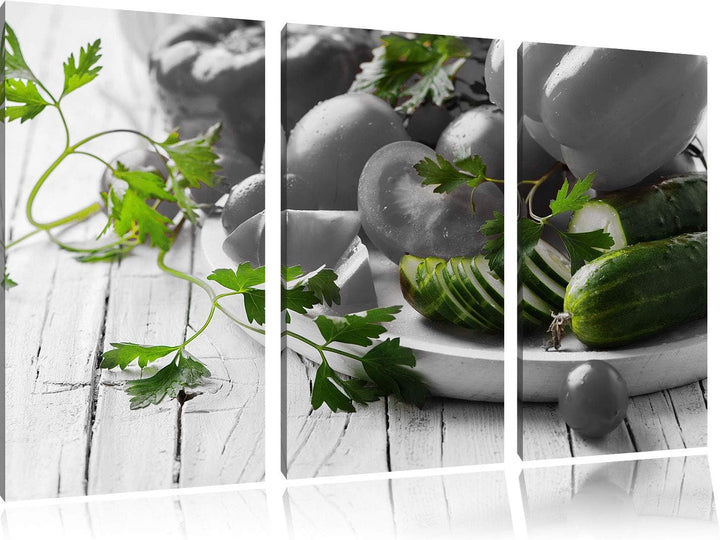 Gemüseteller mit Paprika, Tomate und Zucchini schwarz/weiss 3-Teiler Leinwandbild 120x80 Bild auf Le