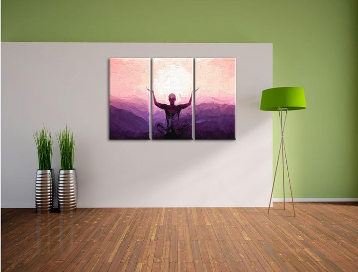 Pixxprint Yoga in den Bergen Kunst Pinsel Effekt 3-Teiler Leinwandbild 120x80 Bild auf Leinwand