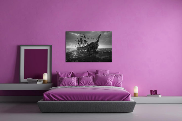 deyoli riesiges Segelschiff bei Nacht Format: 80x60 cm Effekt: Schwarz/Weiss als Leinwandbild, Motiv