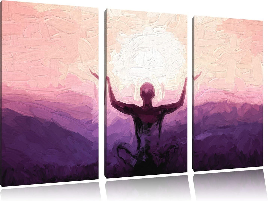 Pixxprint Yoga in den Bergen Kunst Pinsel Effekt 3-Teiler Leinwandbild 120x80 Bild auf Leinwand