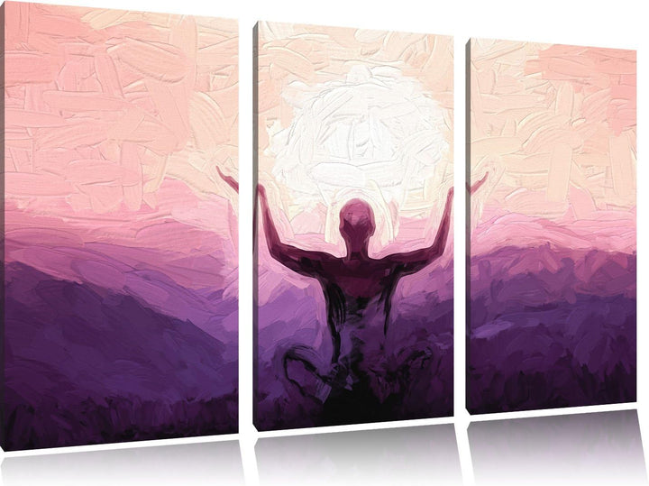 Pixxprint Yoga in den Bergen Kunst Pinsel Effekt 3-Teiler Leinwandbild 120x80 Bild auf Leinwand