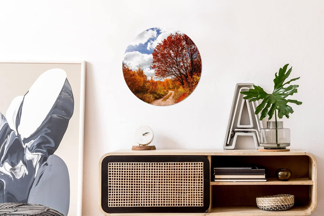 MuchoWow Wandbild Rund Wanddeko Deko Wohnzimmer Bilder 30x30 cm Baum - Weg - Herbst, 30x30 cm
