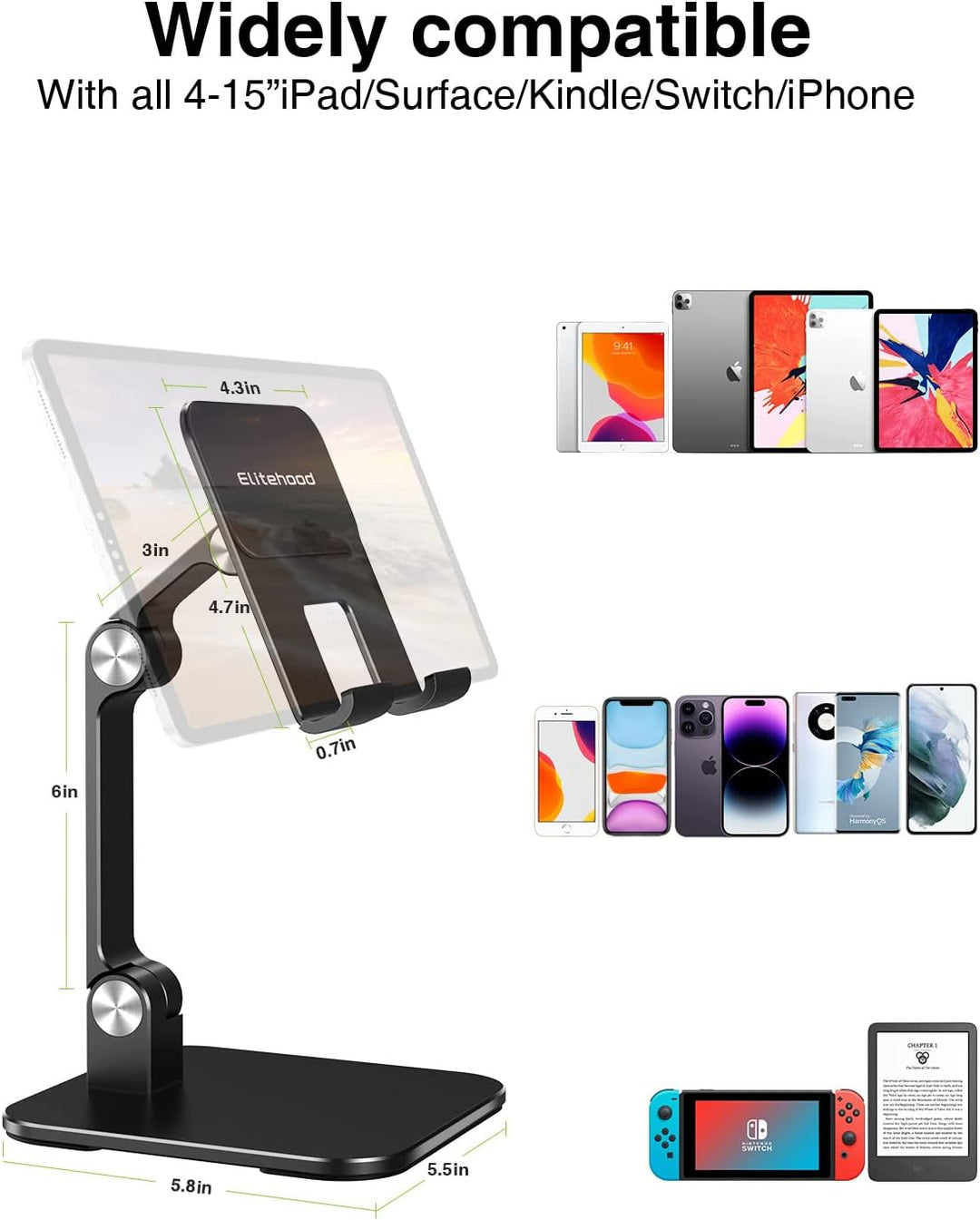elitehood Aluminum iPad Ständer Höhenverstellbar, Verstellbar Höhe iPad Halterung Tisch, Klappbar Ta