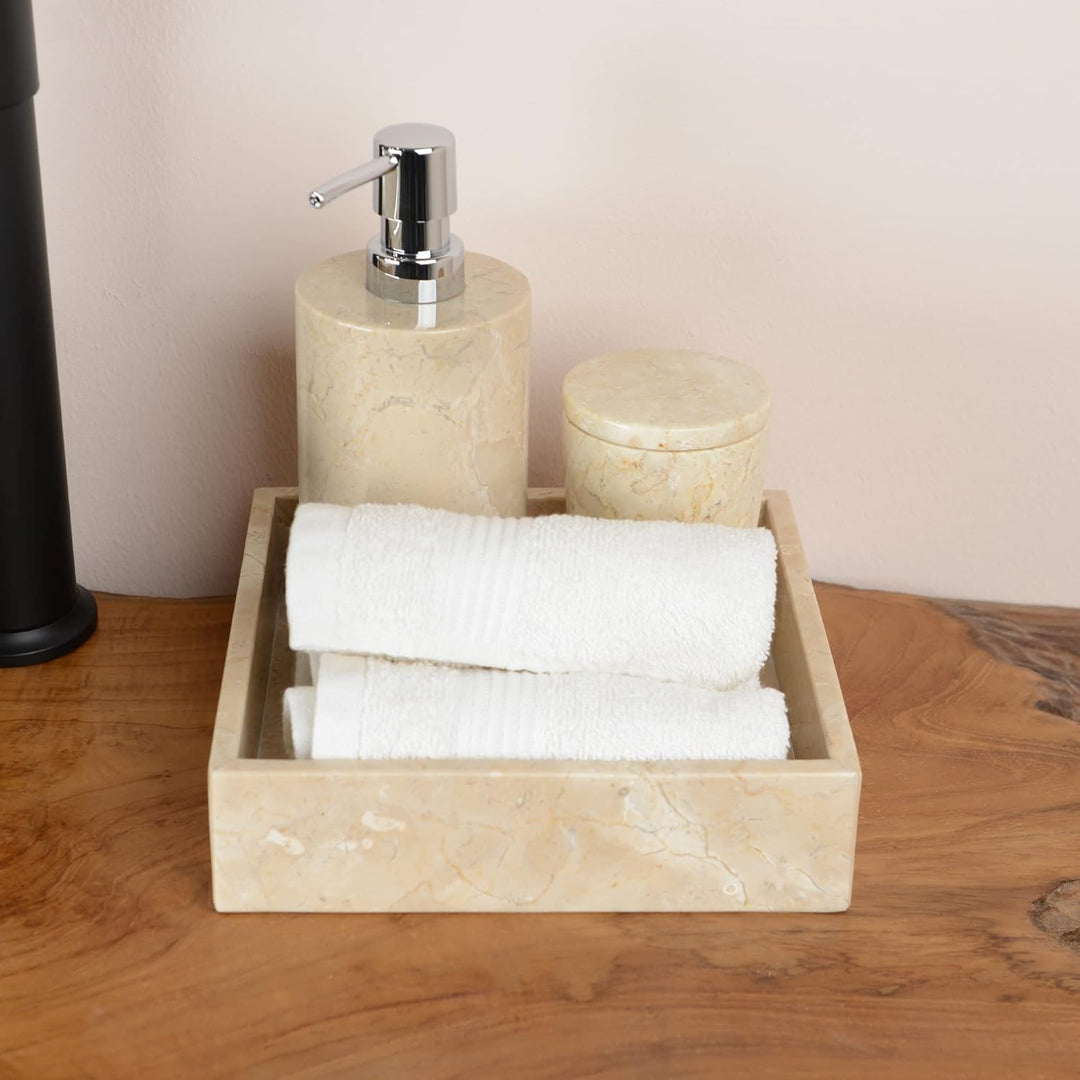 WOHNFREUDEN Marmor Seifenspender Creme 15 cm - Bad Seifenspender Stein Accessoire