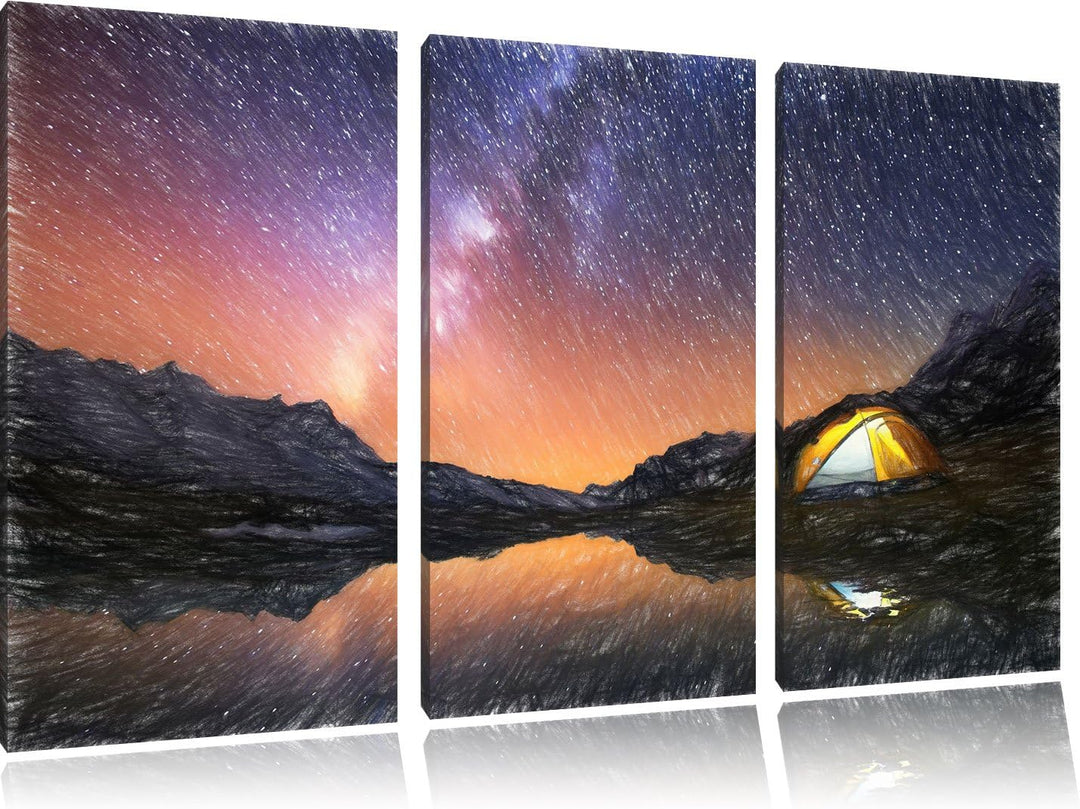 Pixxprint Zelten unter tausenden Sternen als Leinwandbild/Grösse: 3 Teilig (120x80 cm) cm/Wandbild/K