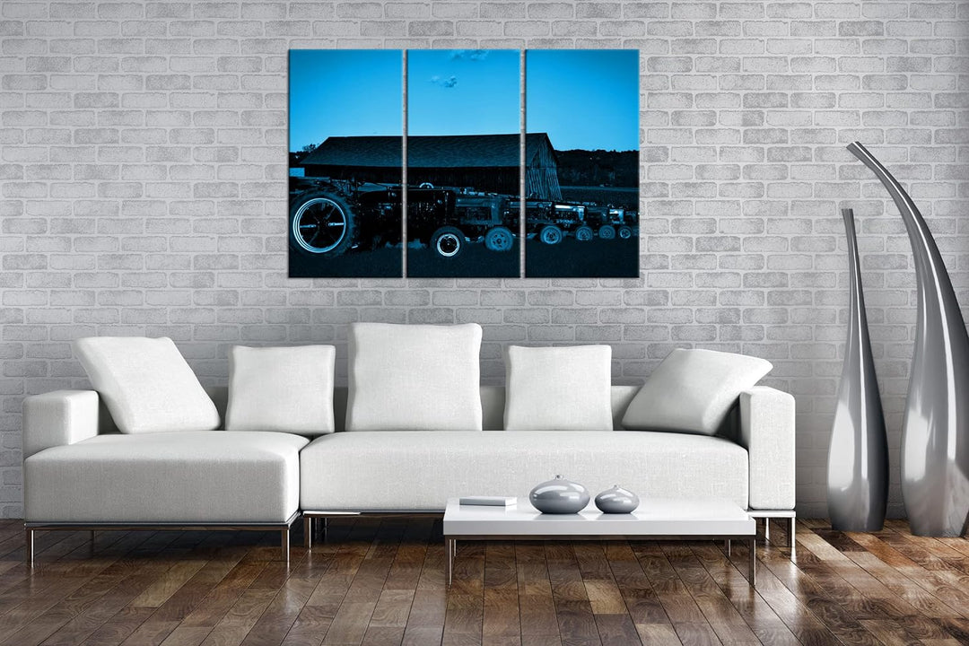 deyoli Traktoren auf einer Farm Format 120x80 3Teilig Effekt: Monocrome Blau als Leinwandbild, Motiv