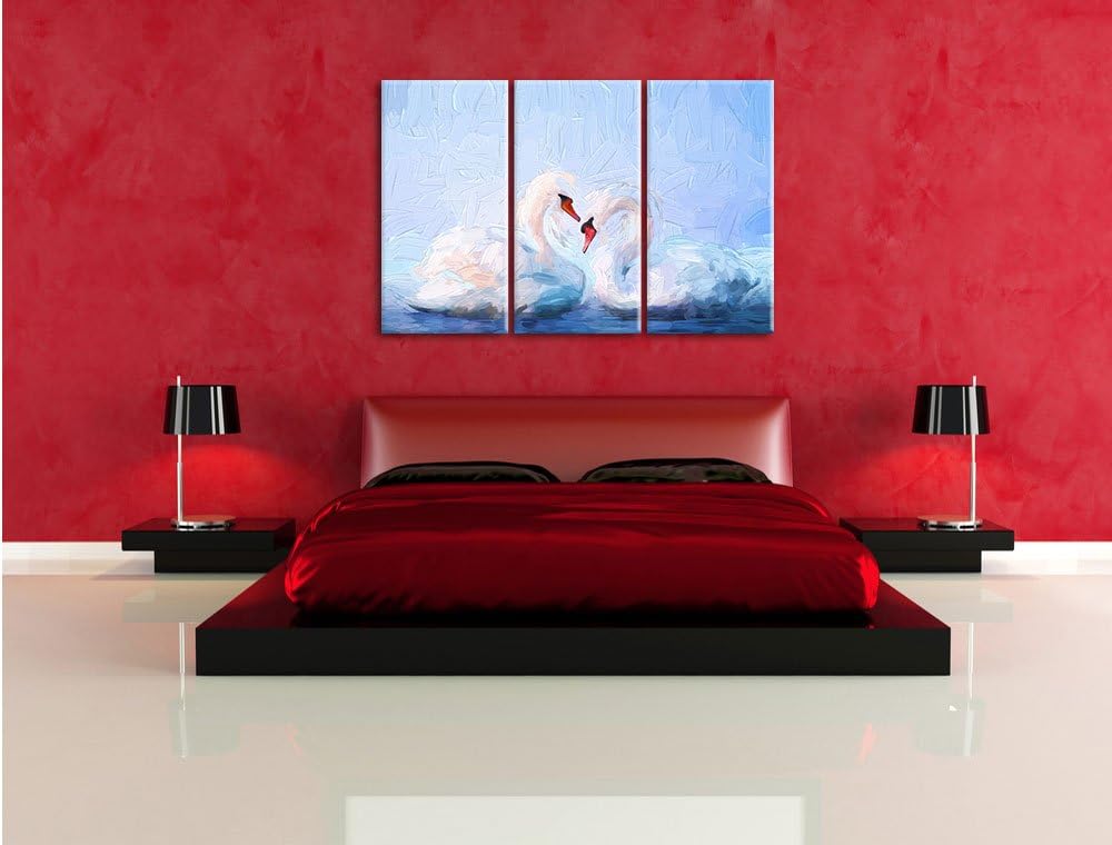 Pixxprint Zwei Schwäne auf dem Wasser Kunst als Leinwandbild/Grösse: 3 Teilig (120x80) cm/Wandbild/K