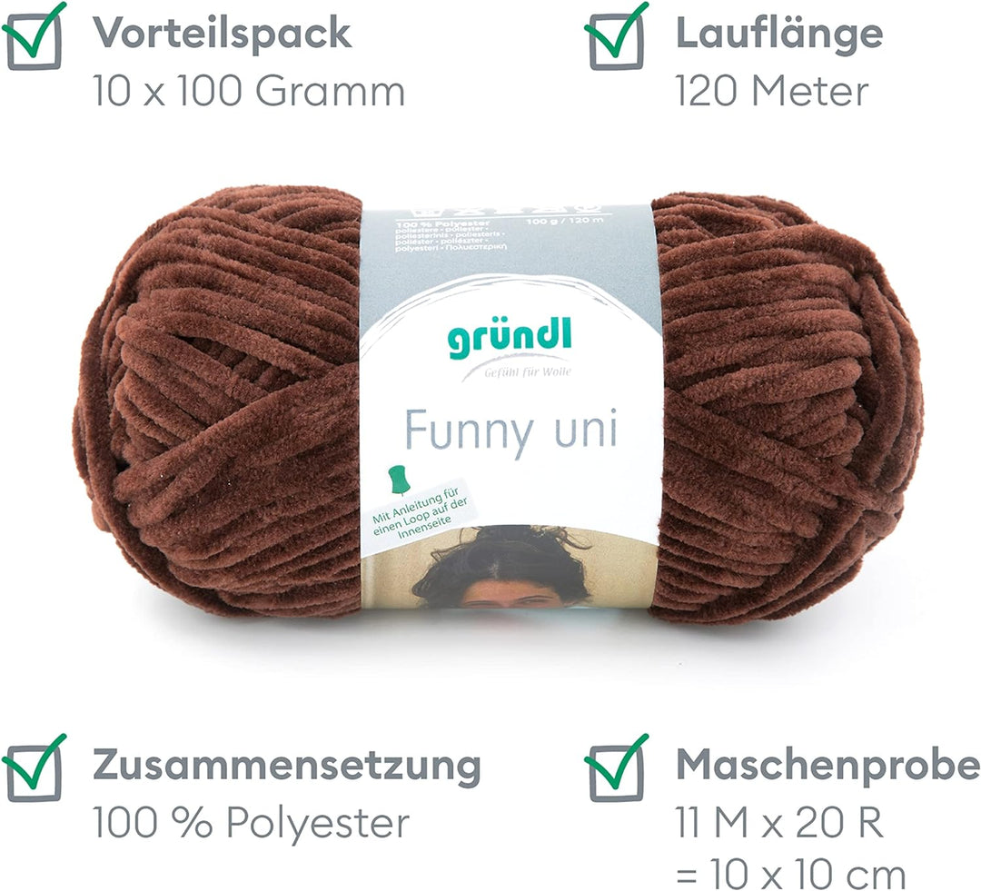 Gründl Funny uni Strick- & Häkelgarn (samtartiges Chenille-Garn aus 100 % Polyester, 10 x 100 g / 12