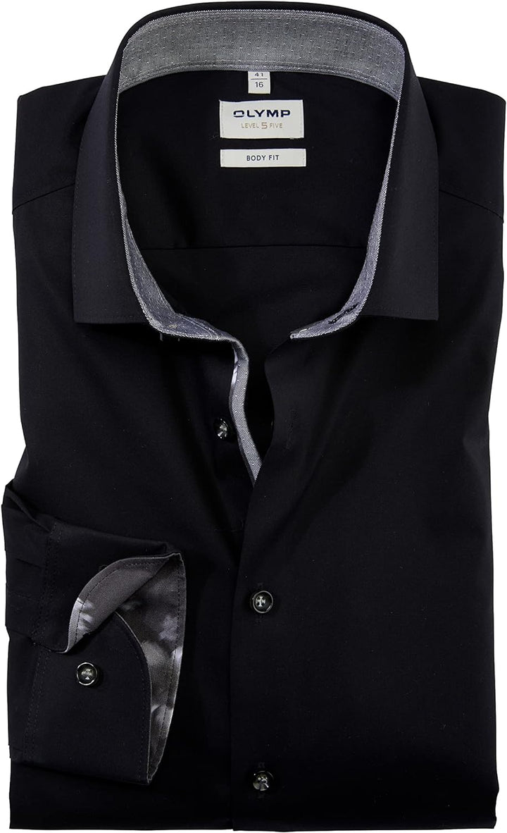 OLYMP Herren Businesshemd Langarm Level Five,Einfarbig,Body fit,Modern Kent,schwarz 68,37