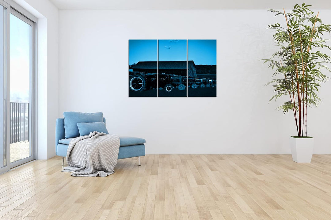 deyoli Traktoren auf einer Farm Format 120x80 3Teilig Effekt: Monocrome Blau als Leinwandbild, Motiv