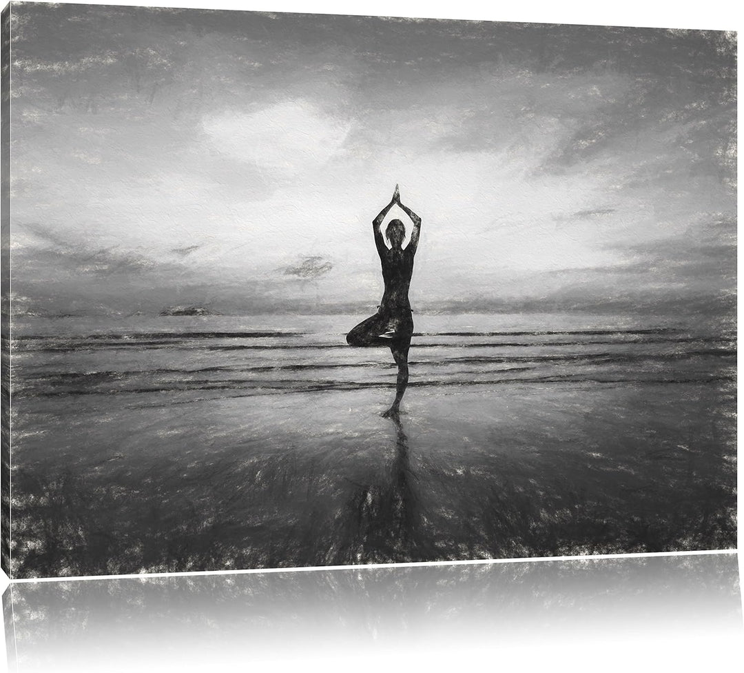Pixxprint Yoga am Strand Kunst / 100x70cm Leinwandbild bespannt auf Holzrahmen/Wandbild Kunstdruck D