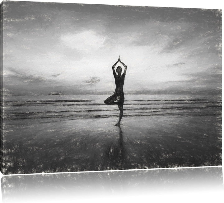 Pixxprint Yoga am Strand Kunst / 100x70cm Leinwandbild bespannt auf Holzrahmen/Wandbild Kunstdruck D
