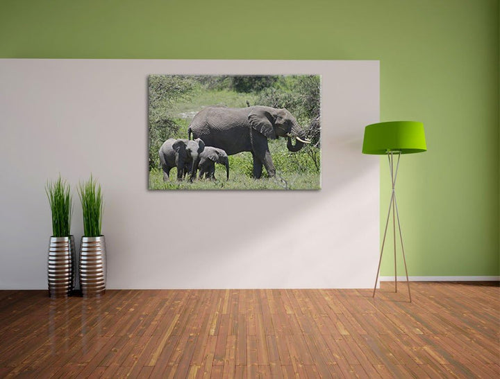 friedliche Elefantenfamilie Leinwand, XXL riesige Bilder fertig gerahmt mit Keilrahmen, Kunstdruck a