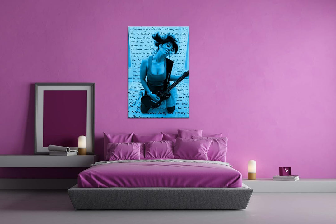 deyoli Sexy Gitarrenspielerin Format 100x70 Effekt: Monocrome Blau als Leinwandbild, Motiv fertig ge