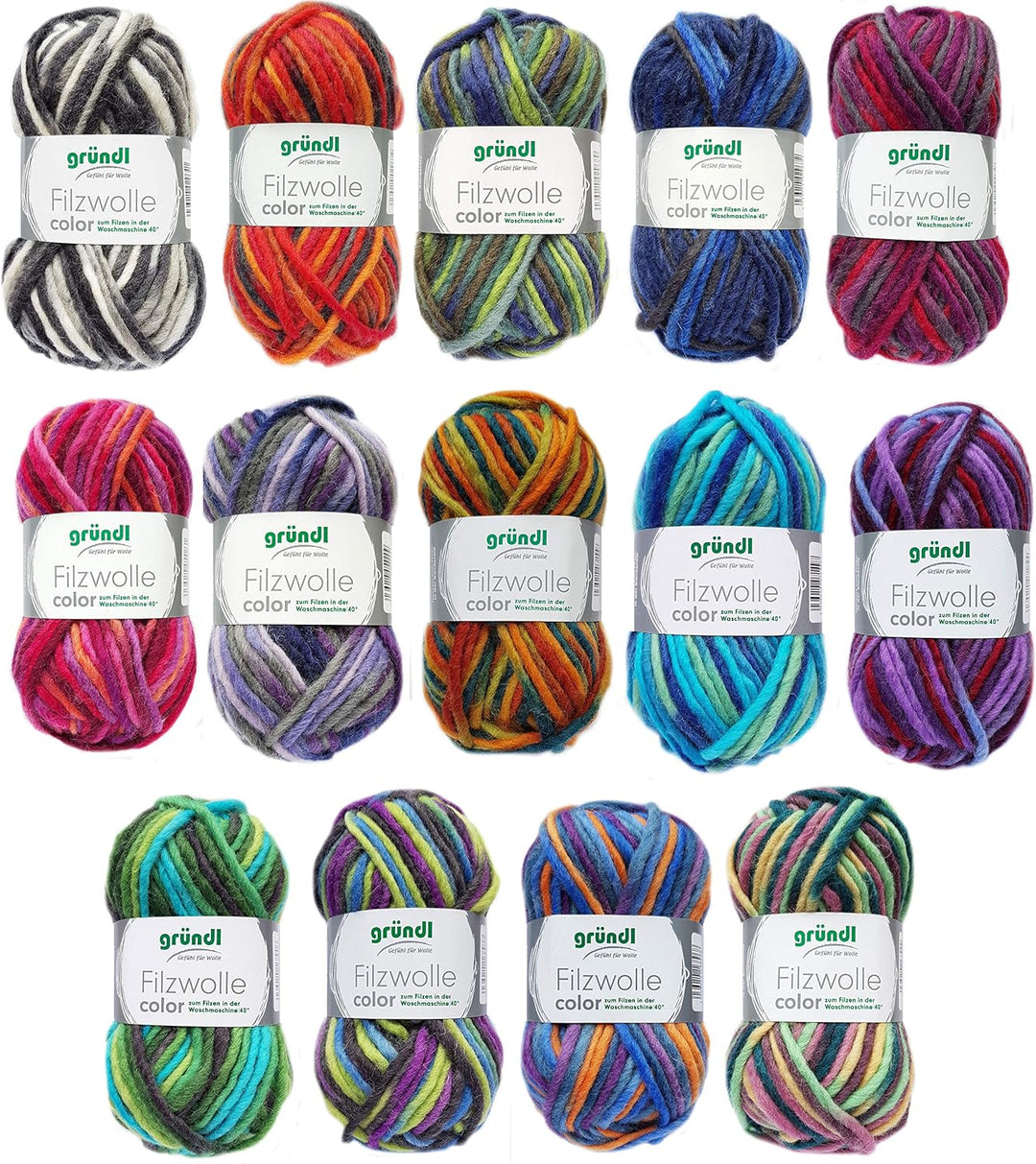10x je 50 Gramm Gründl Filzwolle COLOR SET Bunt Mix Mischung