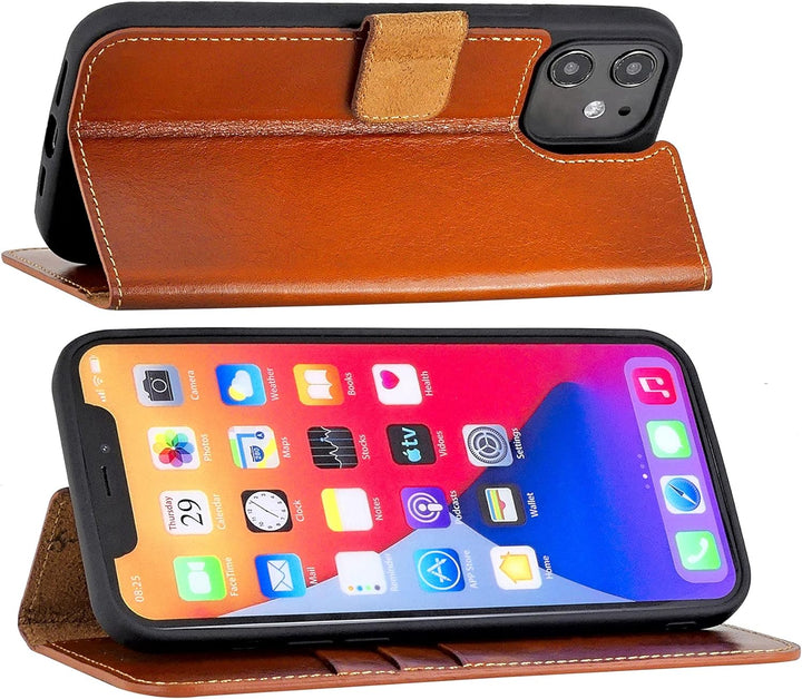 Suncase Book-Style Hülle kompatibel mit iPhone 12 (6.1") Leder Tasche (Slim-Fit) Lederhülle Handytas