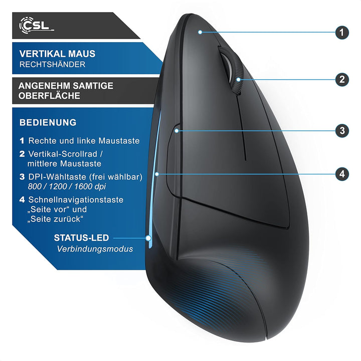CSL – Wireless Vertikal Maus Bluetooth – kabellose Vertikalmaus Ergonomisches Design – Vorbeugung ge