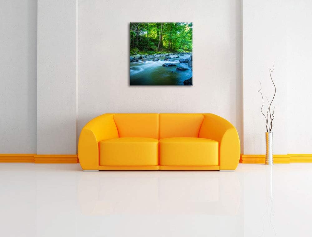 Fluss mit Steinen, Format: 70x70 auf Leinwand, XXL riesige Bilder fertig gerahmt mit Keilrahmen, Kun
