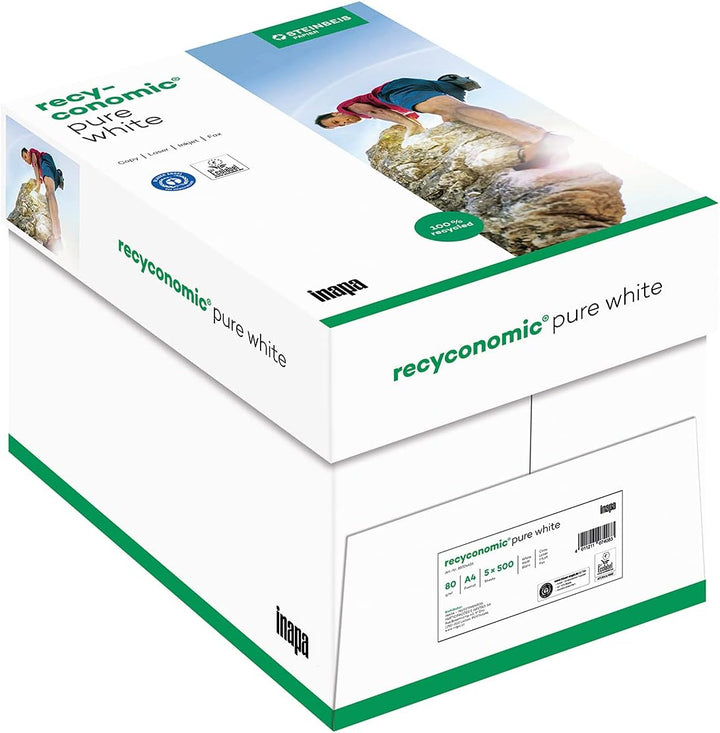 inapa Recycling-Papier, Druckerpapier Recyconomic PureWhite: 80 g/m², A4, 2500 Blatt (5x500), ungest