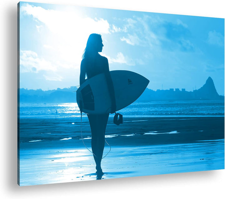 deyoli Surfen im Sonnenuntergang Format: 80x60 Effekt: Monocrome Blau als Leinwandbild, Motiv fertig