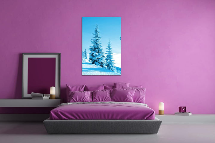 deyoli Schnee bedeckte Tannen Format 80x60 Effekt: Monocrome Blau als Leinwandbild, Motiv fertig ger