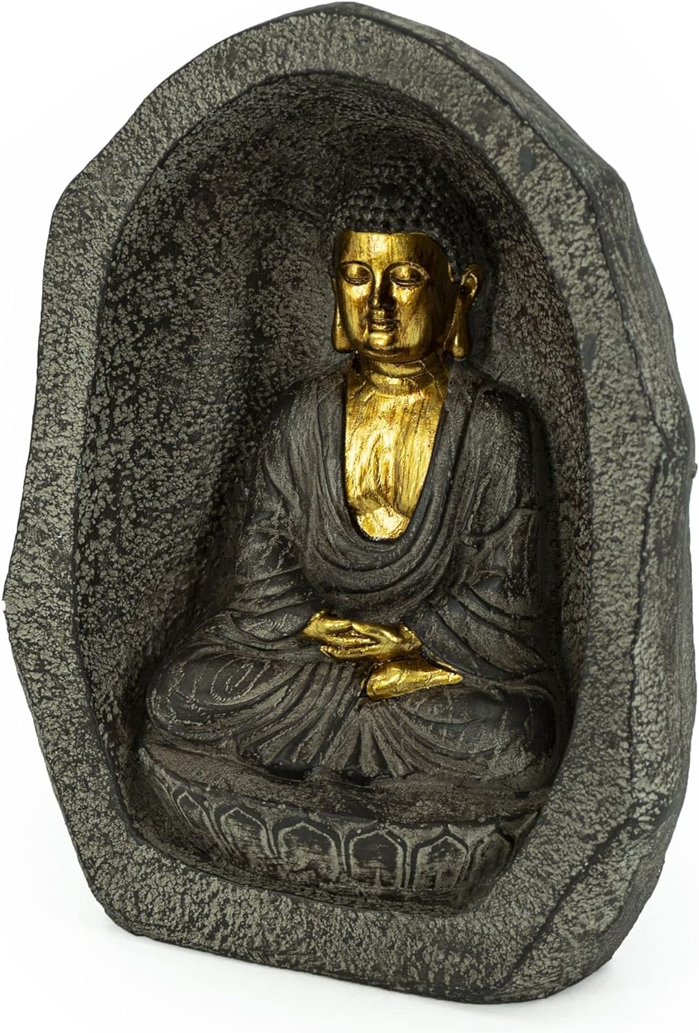 Rivanto® Sitzende Buddha Statue in Steinhöhle, Höhe 28,5 cm, Steinoptik Deko Figur mit Goldener Haut