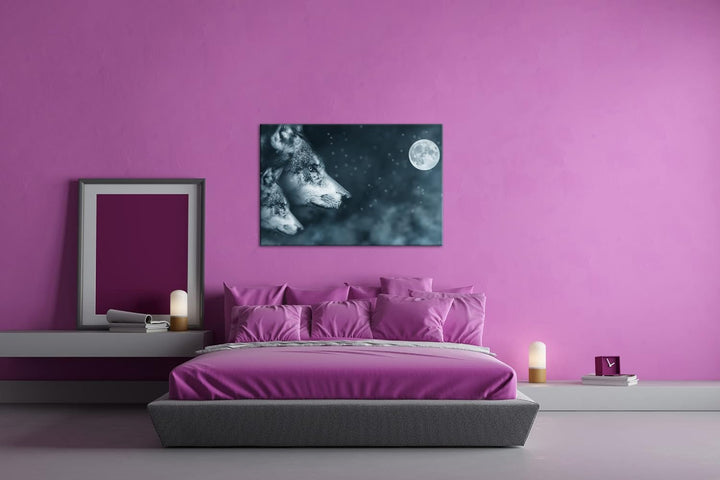 deyoli Wolf-Vollmond-Illustration Format: 100x70 als Leinwand, Motiv fertig gerahmt auf Echtholzrahm
