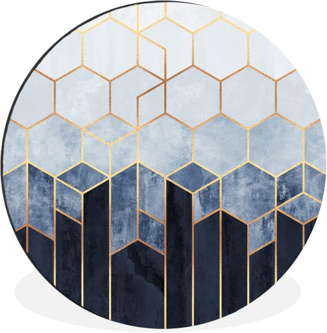 MuchoWow Wandbild Rund Wanddeko Deko Wohnzimmer Bilder 90x90 cm Sechseck - Gold - Schablonen, 90x90