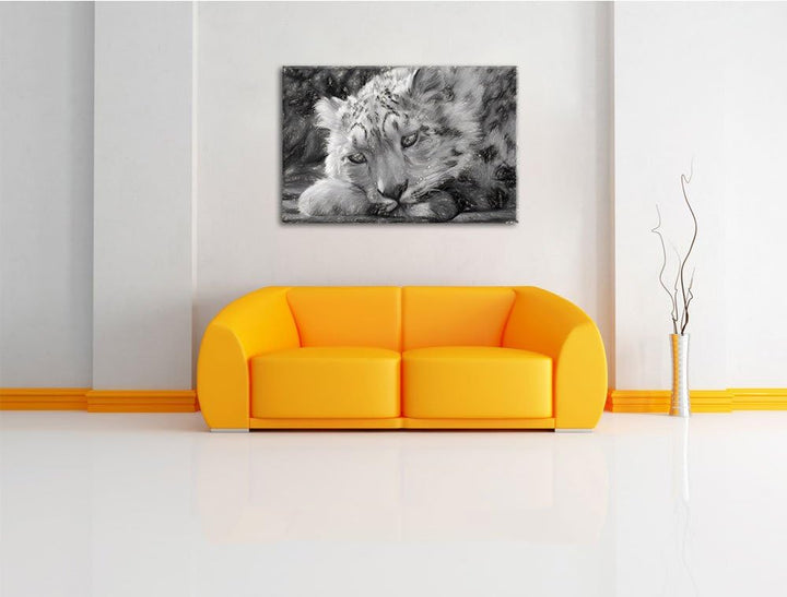 ruhender Schneeleopard Deluxe Format: 100x70 cm auf Leinwand, XXL riesige Bilder fertig gerahmt mit