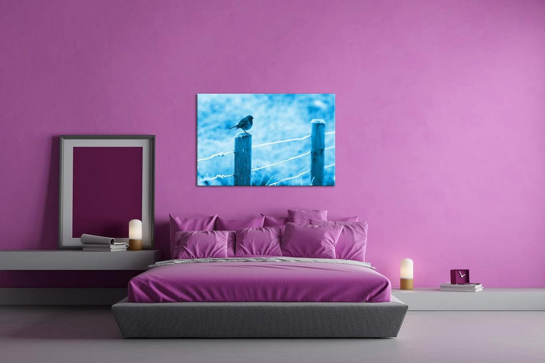 deyoli niedlicher kleiner Vogel auf einem Weidenzaun Format 80x60 Effekt: Monocrome Blau als Leinwan