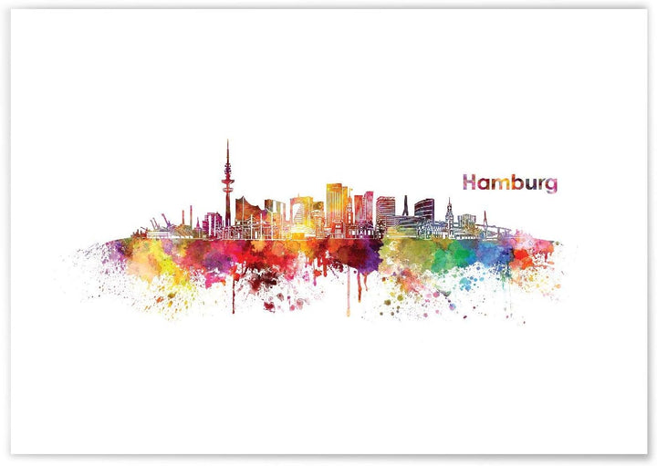 JUNIWORDS Poster mit/ohne Holzrahmen, Wähle ein Motiv, Aquarell Skyline Hamburg, Wähle eine Grösse,