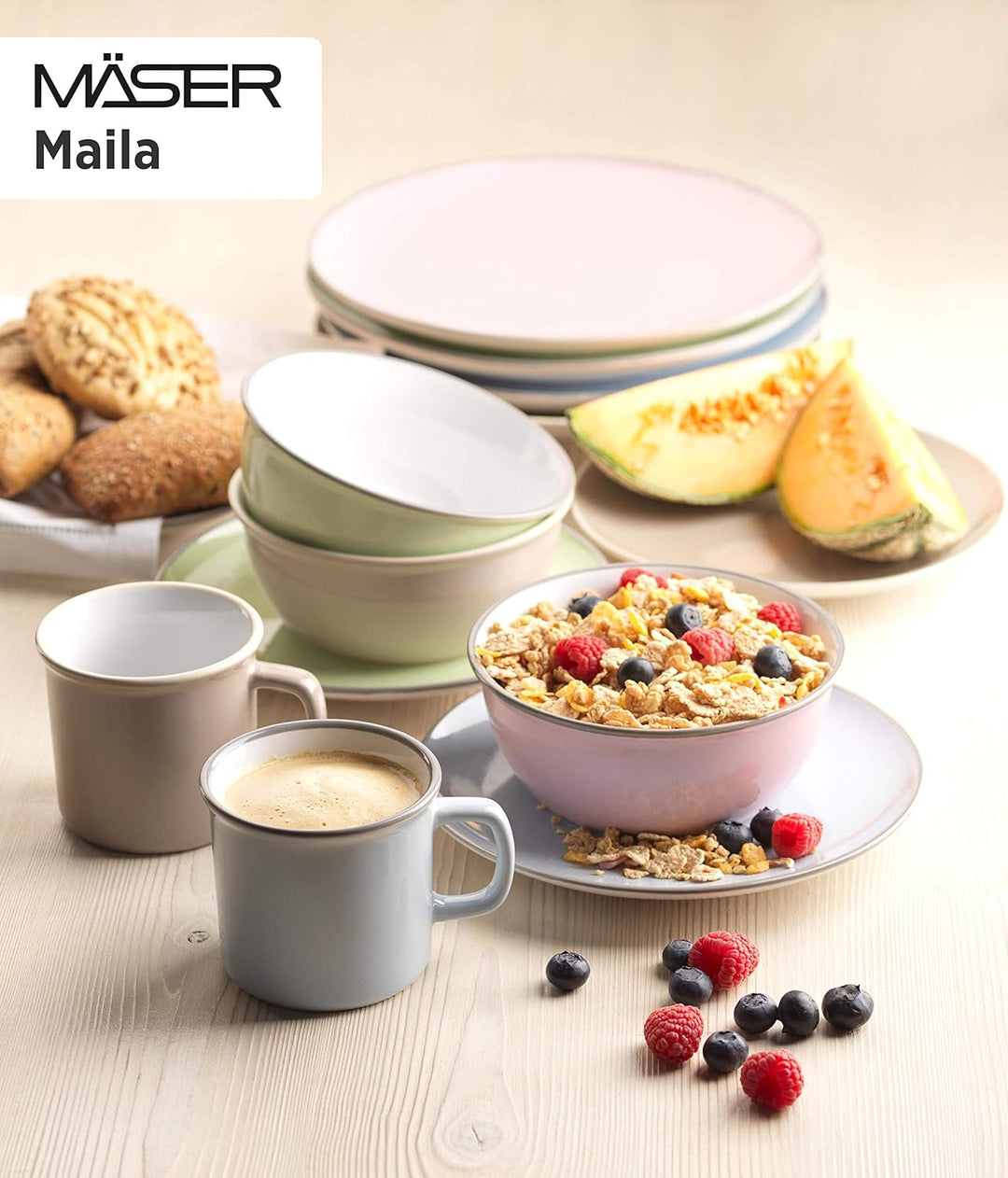 Mäser Geschirr-Set, Steingut Maila Rosa/Grau/Blau/Grün, 4-Personen-Set Grün, Blau, Rosa, Grau, Grün,