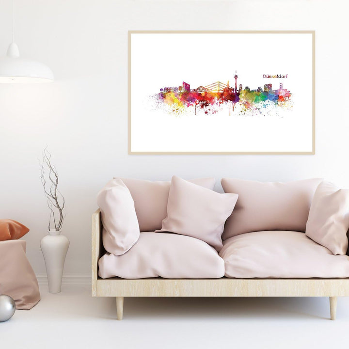 JUNIWORDS Poster mit/ohne Holzrahmen, Wähle ein Motiv, Aquarell Skyline Düsseldorf, Wähle eine Gröss