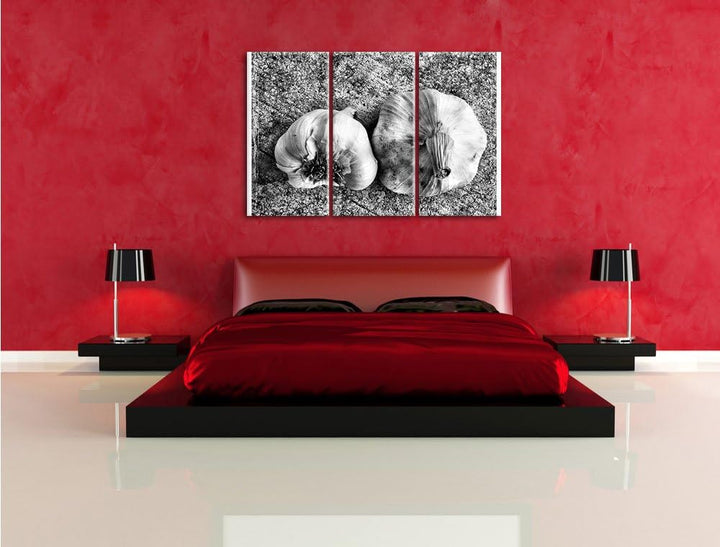 Pixxprint Zwei Knoblauchknollen als Leinwandbild/Grösse: 3 Teilig (120x80) cm/Wandbild/Kunstdruck/fe