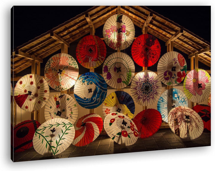 deyoli viele bunte japanische Regenschirme Format: 100x70 als Leinwand, Motiv fertig gerahmt auf Ech