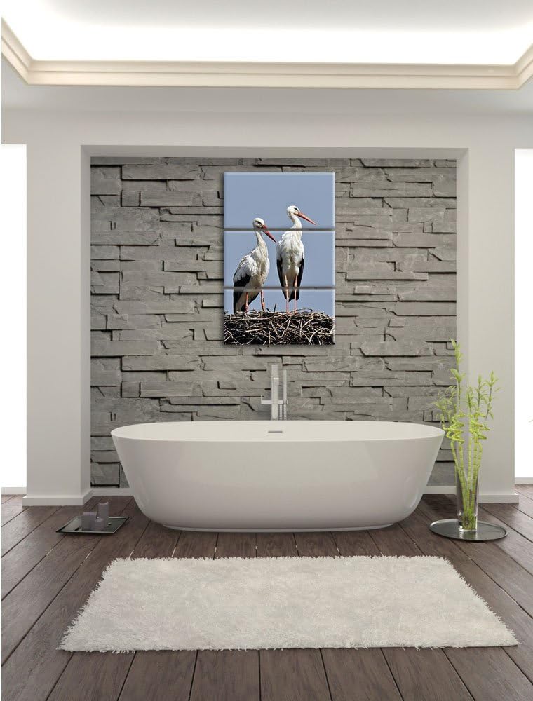 Pixxprint Zwei stolze Störche im Nest 3-Teiler Leinwandbild 120x80 Bild auf Leinwand, riesige Bilder