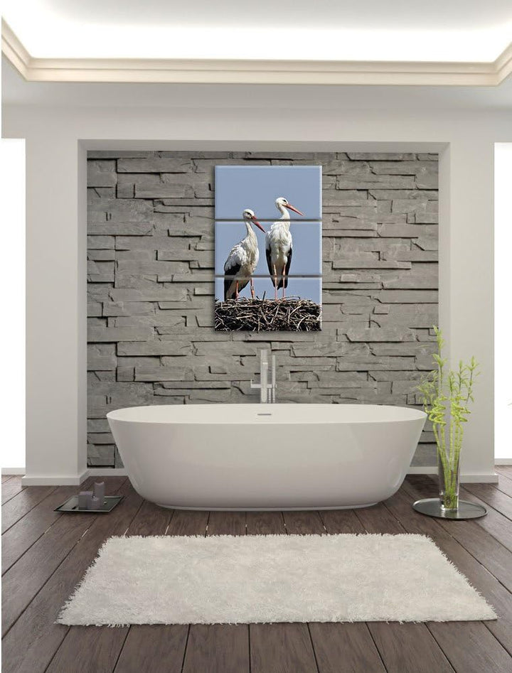 Pixxprint Zwei stolze Störche im Nest 3-Teiler Leinwandbild 120x80 Bild auf Leinwand, riesige Bilder