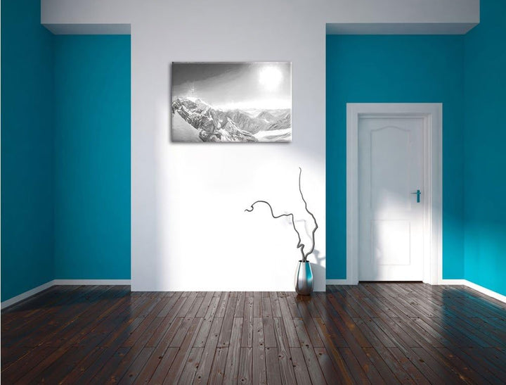 Pixxprint Zugspitze im Sonnenlicht Kohle Zeichnung Effekt, Format: 100x70 auf Leinwand, 100x70